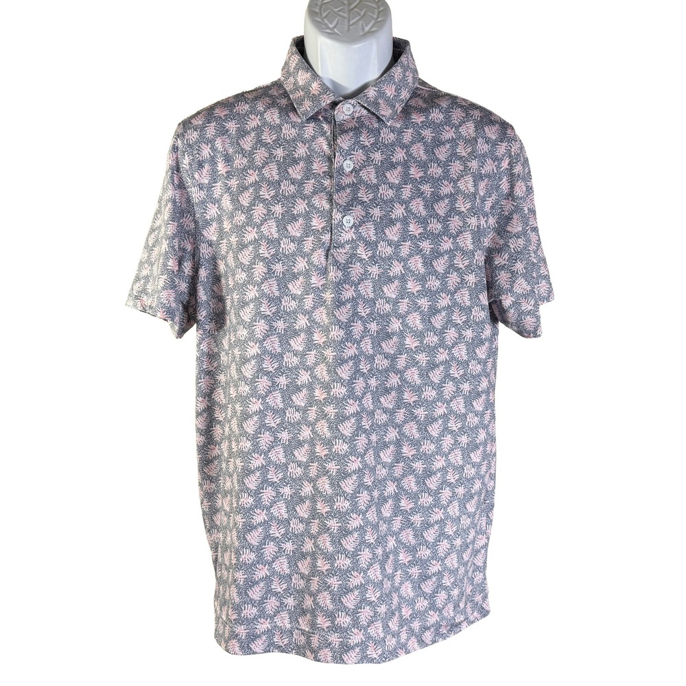 Deolax Polo Shirt Mens Small Pink Grey Tropical Leaf Print Performance Stretch